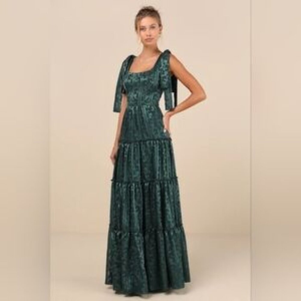Lulus Picturesque Allure Green Jacquard Tie-Strap Maxi Dress